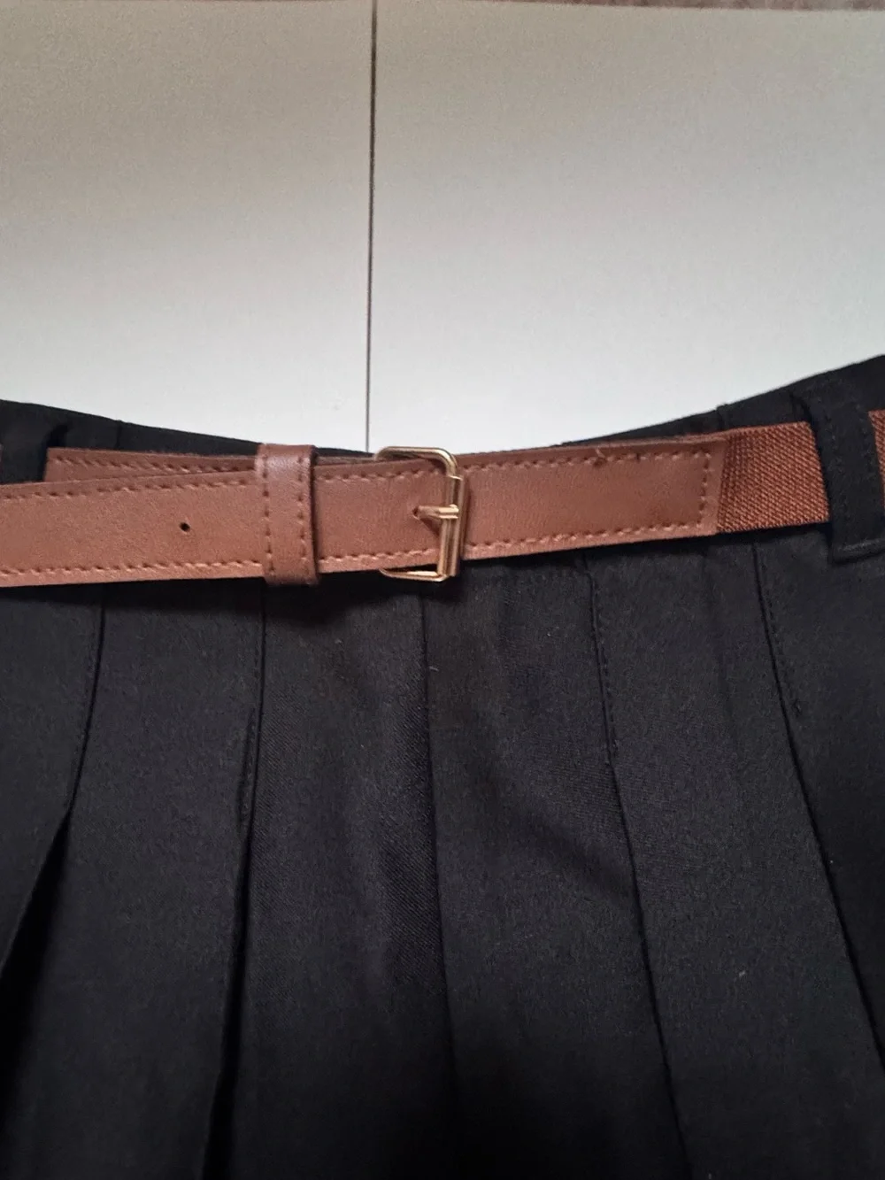H&M Black Pleated Skater Skirt with Brown Belt